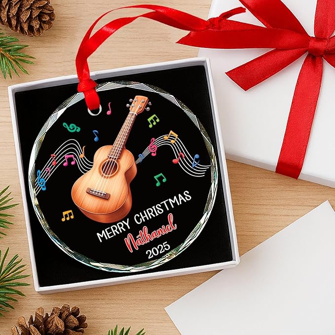 Ukulele Musical Instrument Glass Ornament Xmas 2026, Personalized Instrument Christmas Ornament Gift for Ukulele Player, Ukulelist Keepsake Christmas Tree, Custom Text & Name Musician Glass Ornaments