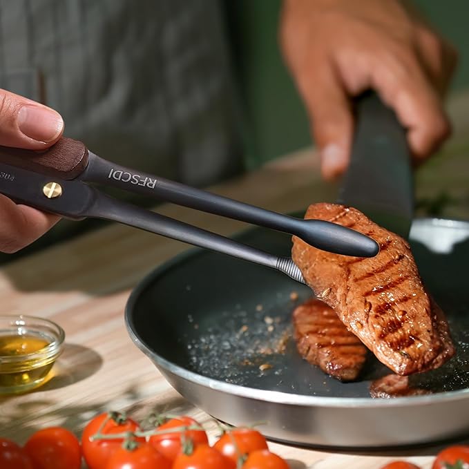 Exquisite Lightweight Cooking Tongs - 304 Stainless Steel & Walnut Wood, Comfortable Grip, Non-Slip Design, High Heat Resistant - Ideal for Light and small food, Kitchen Plating, Korean BBQ, 9-Inch