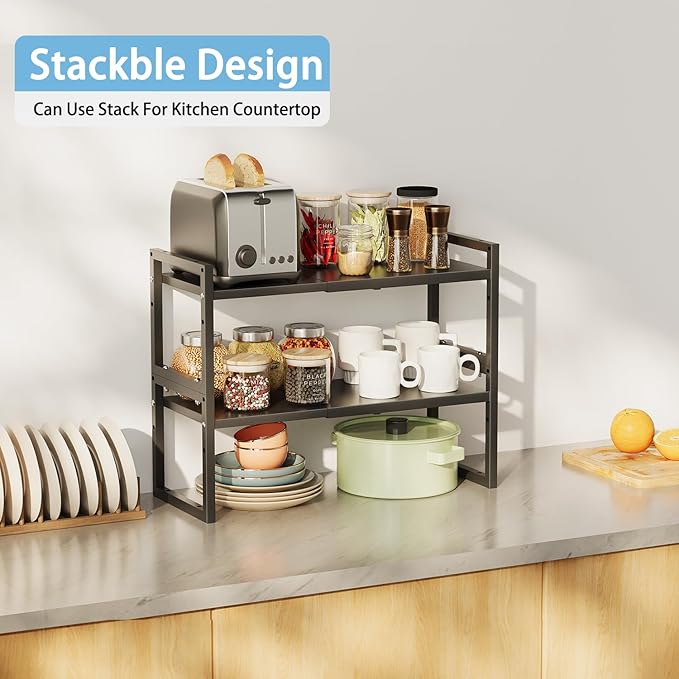 2 Pack Expandable Kitchen Cabinet Shelves Organizer,Heavy Duty Metal Shelving Units and Storage,Stackable Adjustable Kitchen Storage Organization Shelves Rack for Counter Cupboard Pantry,Length:20.5"