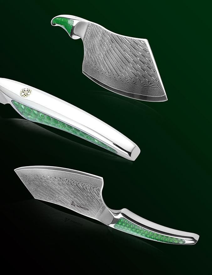 SANMUZUO 7 inch Nakiri Knife, Japanese VG-10 Damascus Steel Meat Cleaver, Ultra Sharp Vegetable Knife with Full-tang Handle in Green Resin, LA-S9 Series