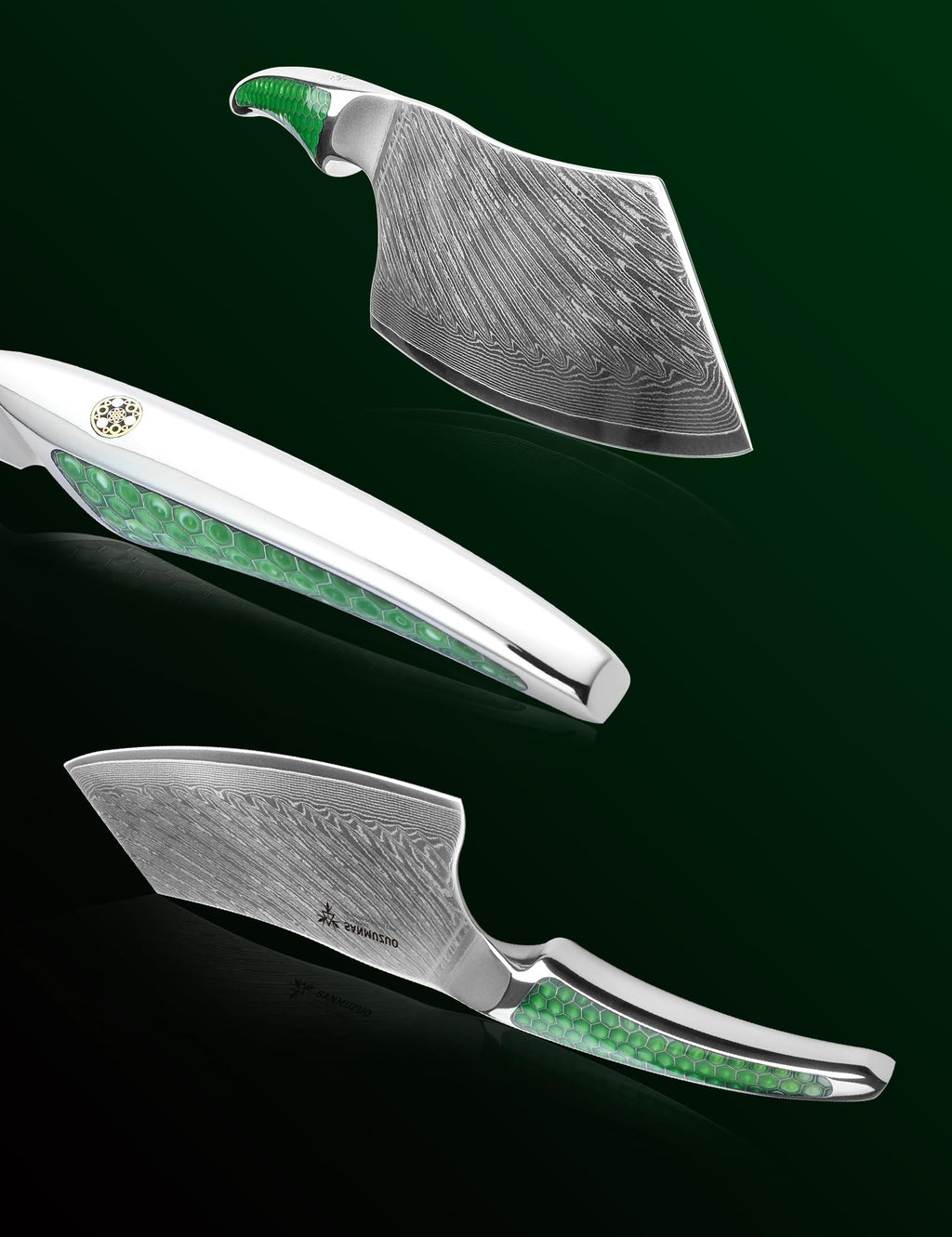 SANMUZUO 7 inch Nakiri Knife, Japanese VG-10 Damascus Steel Meat Cleaver, Ultra Sharp Vegetable Knife with Full-tang Handle in Green Resin, LA-S9 Series
