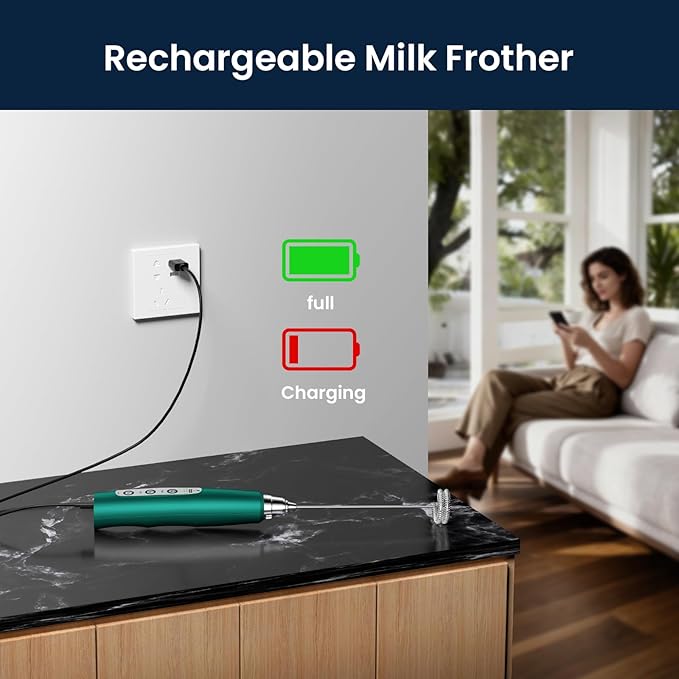 Milk Frother Wand Rechargeable Handheld Electric Whisk 3 Speed Adjustable