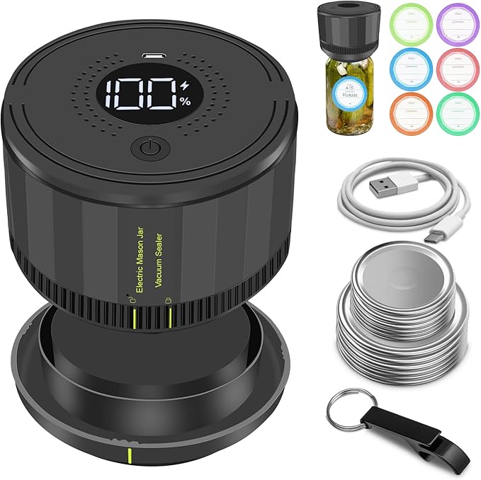 YK Siguoril Electric Mason Jar Vacuum Sealer, Auto Stop Mason Jar Vacuum Sealer Kit for Wide Mouth and Regular Mouth canning lids with Food Storage Labels for Freshness and Preservation