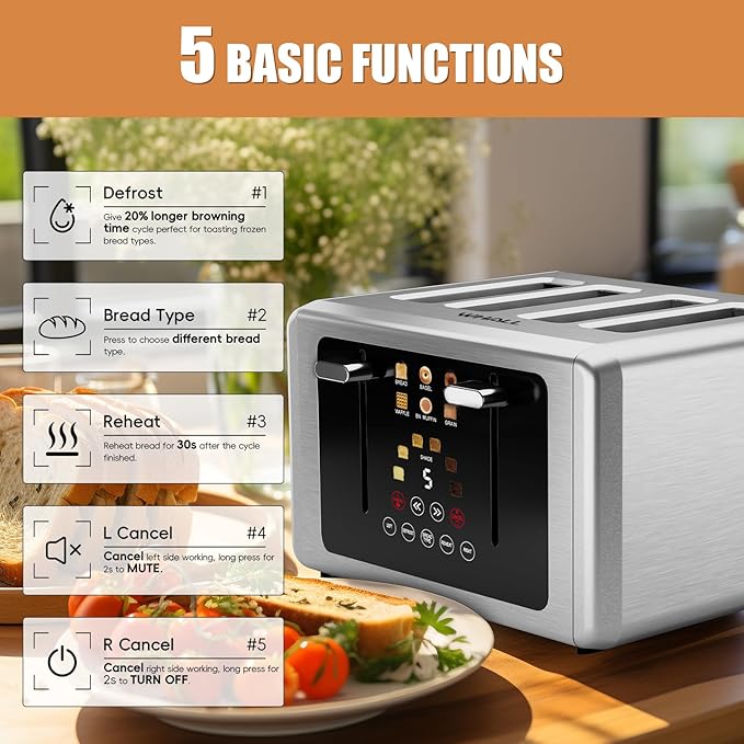 whall 4 Slice Touch Screen Toaster, Stainless Steel Toasters Digital Timer, Dual Control Panel Toasters，6 Shade Settings＆6 Bread Types, Smart Wide Slots, Bagel, Cancel, Defrost, Flat lever Silver
