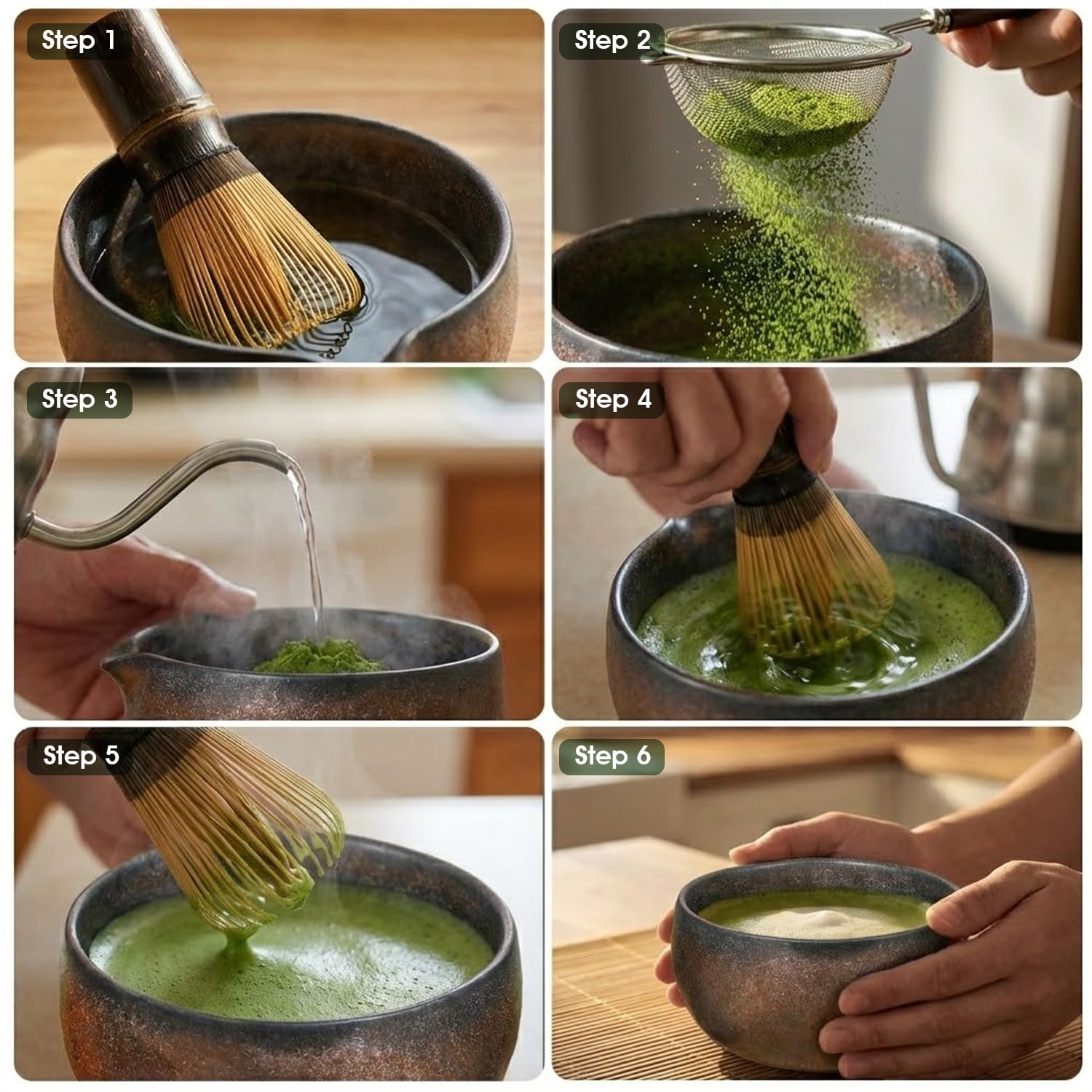 GleeNflux Matcha Set, 7-Piece Matcha Whisk Set with Bowl & 100-Prong Whisk