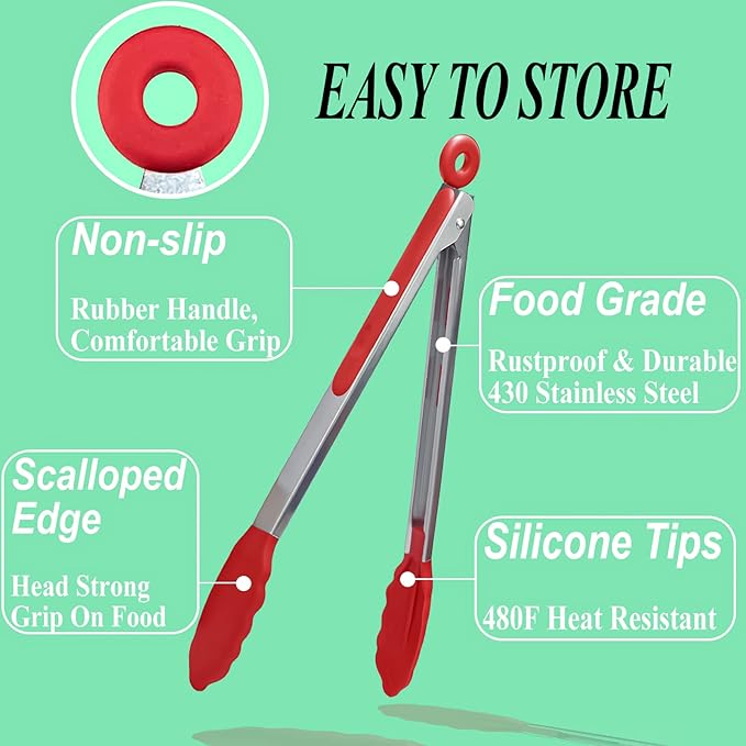 HST Non Stick Silicone Kitchen Tongs, 3 Pack 12 Inch Red BBQ Cooking Baking