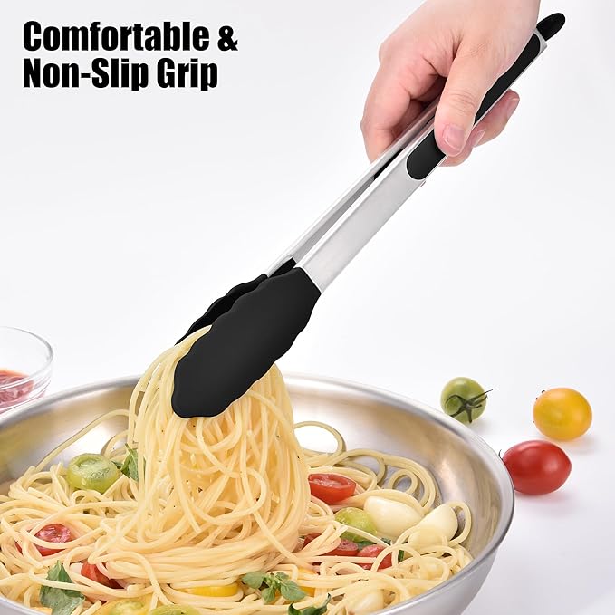 Doosu Kitchen Tongs with Silicone Tips for Cooking Serving (3Pcs, Black)