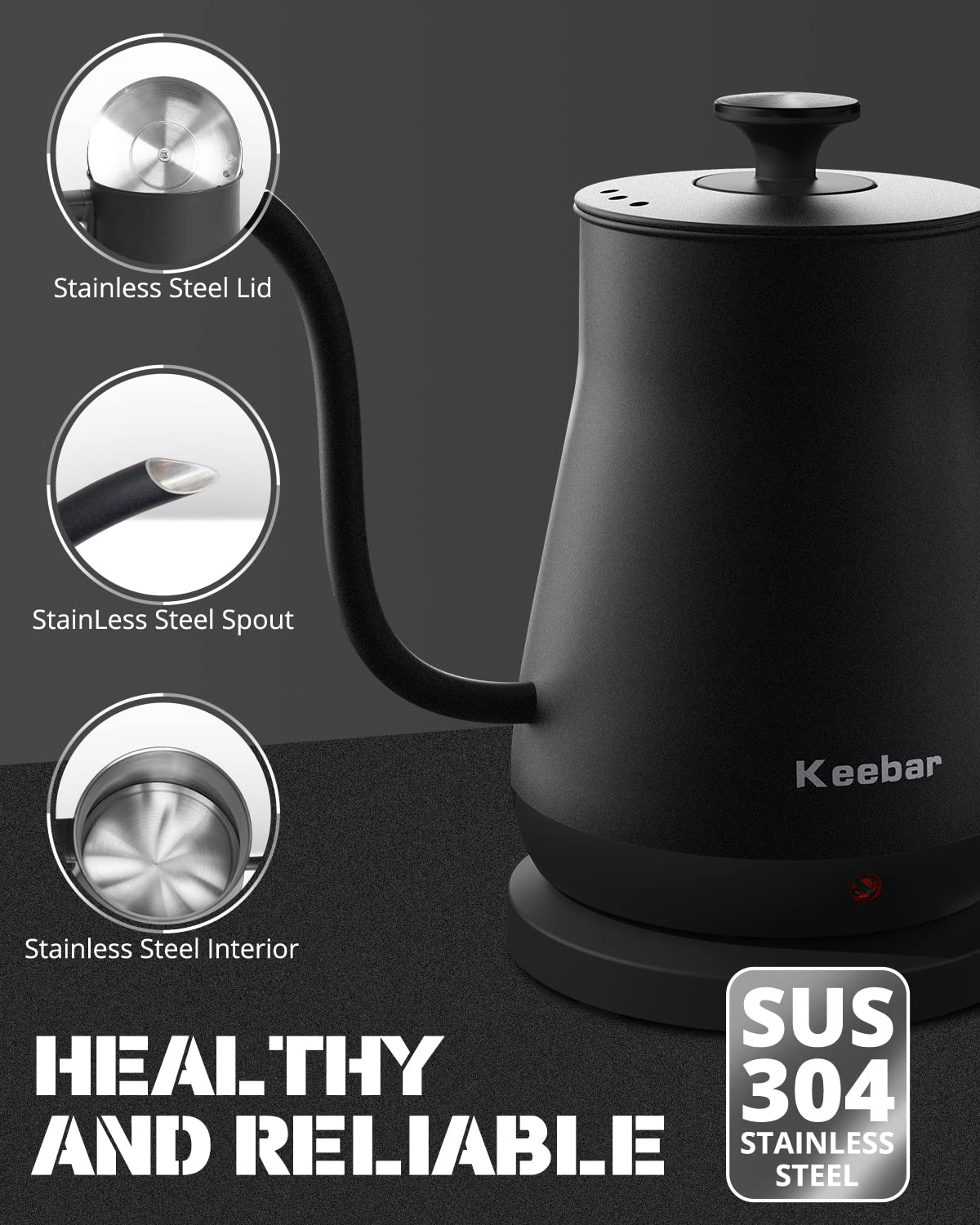 Keebar Electric Kettle, Gooseneck Kettle with Auto Shut Off, 0.8L Small Eletric Tea Kettle, Precise Spout Designed for Coffee Tea, 1000W Quick Heat Up, Stainless Steel, Matte Black