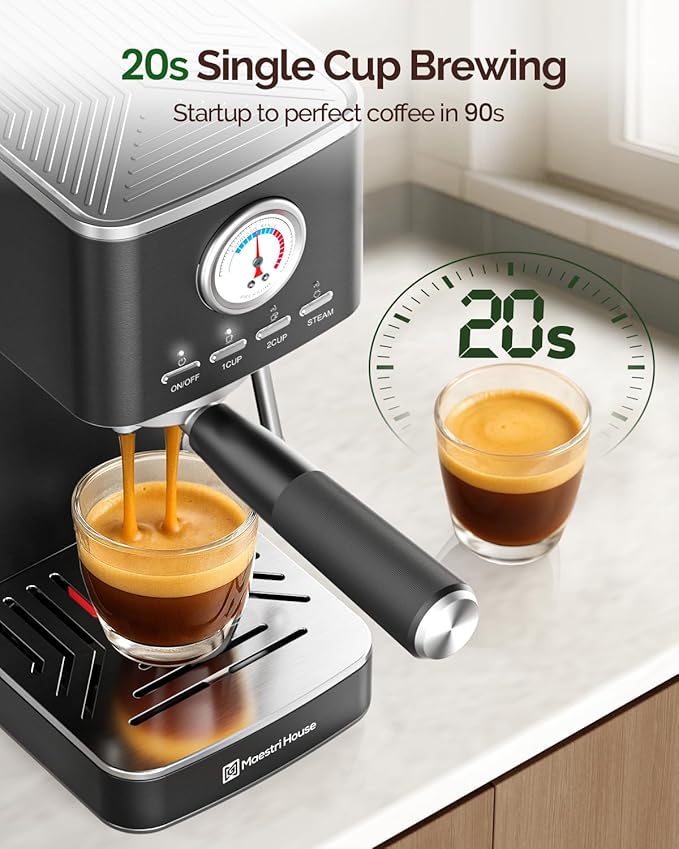 Maestri House Slim Espresso Machine with Milk Frother, 20 Bar Italian Pump