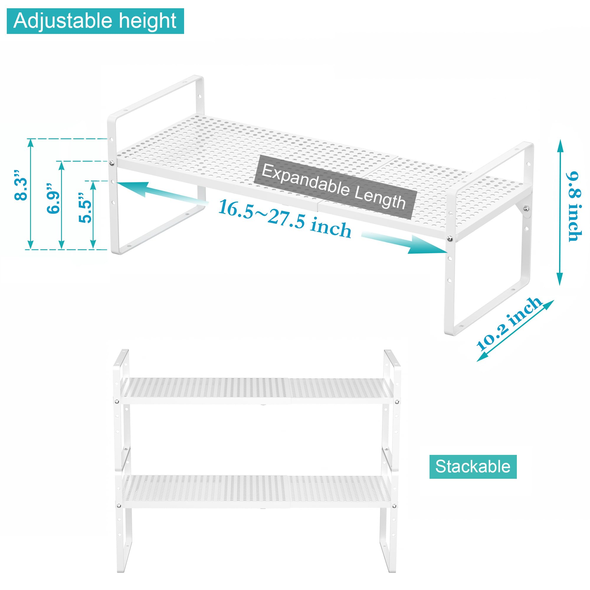 iPEGTOP 2 Pack Large Expandable Cabinet Storage Shelf, Heavy Duty Stackable Steel Metal Spice Rack Adjustable Height Home Office Pantry Garage Shelves for Counter Kitchen Organization, White