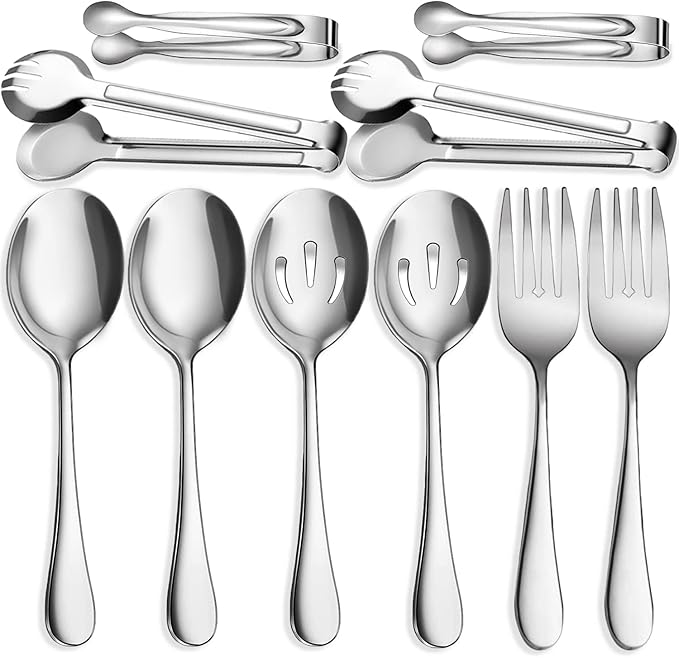 IAXSEE 10 PCS Stainless Steel Serving Utensils, Large Serving Spoons Slotted Spoons, Serving Forks, Serving Tongs, Ice Suger Tongs, Metal Utensils Set Great for Buffet Catering Banquet Party (silver)
