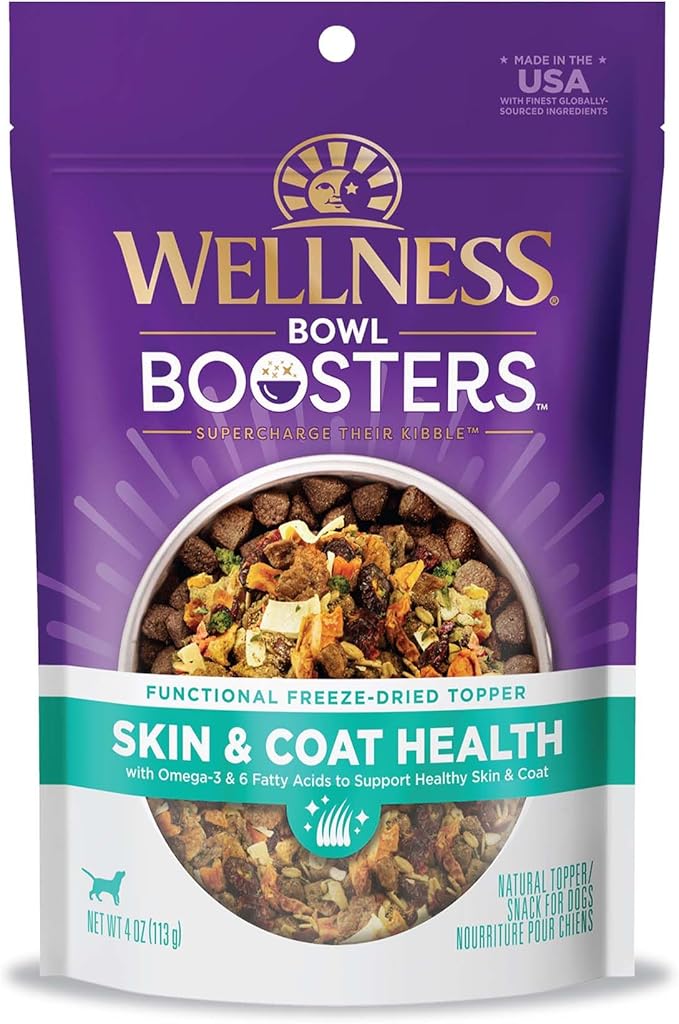 Wellness Bowl Boosters Skin and Coat Health Dog Food Topper with Freeze Dried Pieces for Small, Medium, and Large Breeds, Grain Free, Natural, Chicken Recipe, 4 oz Bag