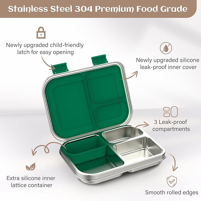 BABHAMNESS Stainless Steel Bento Box Kids, 3 Compartments Leak Proof Metal Bento Lunch Box, 304 Stainless Steel Bento Lunch Containers for School and Office,Dishwasher Safe, BPA-Free-Green