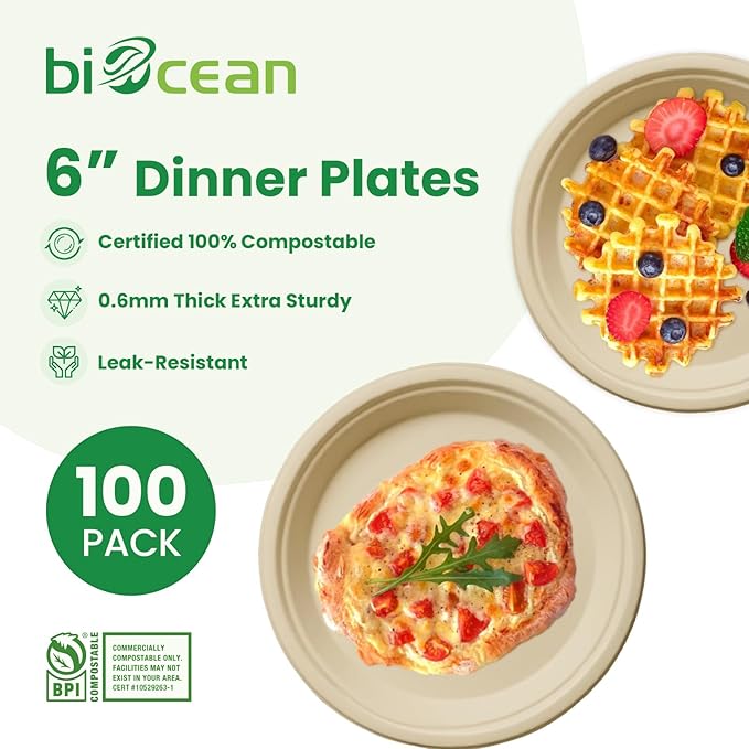 biocean 6 Inch Compostable Plates 100 Pack Heavy Duty Compostable Paper Plate, Disposable Eco-Friendly Sugarcane Bagasse Plate, Natural Brown Plates for Dinner, Dessert, and Weddings