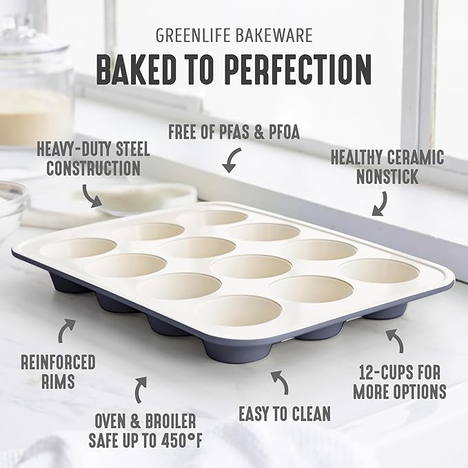GreenLife 12 Cup Ceramic Nonstick Muffin Pan, Black