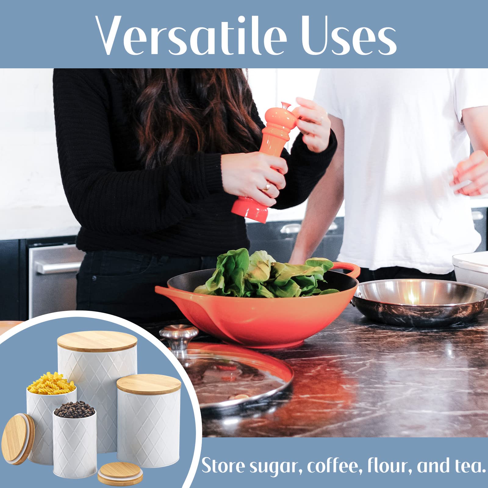 Kazozobi White Kitchen Canisters Set with Bamboo Lids, Airtight Sugar, Flour, Coffee, Cookie Storage Canister Sets for kitchen Countertop, Farmhouse kitchen decor, 4 Pack