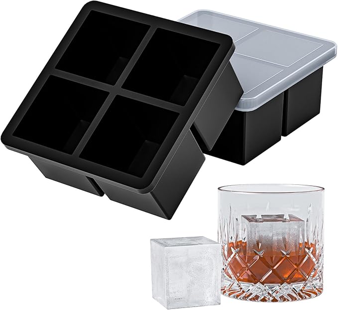 Bangp Large Ice Cube Tray for Whiskey,Silicone Ice Cube Trays 2 Pack,Large Ice Cube Molds with Leak Proof Removable Lid,Square Ice Cube Tray for Whiskey and Cocktail