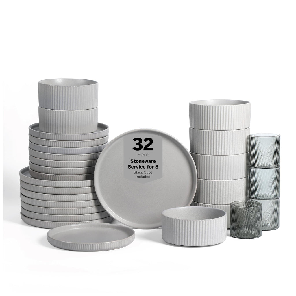 Stone Lain Haven Stoneware 32-Piece Dinnerware Set, Plates and Bowls Sets for 8, Grey Dish Set, Includes Dinner and Salad Plates, Cereal Bowls, Glassware, Microwave & Dishwasher Safe