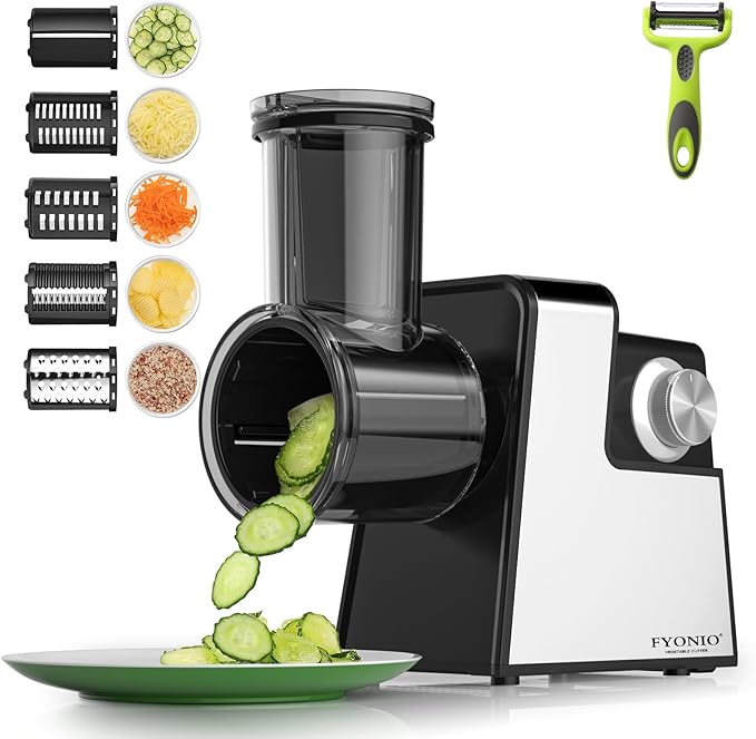 FYONIO Electric Cheese Grater, 5 in 1 Salad Maker with Stainless Steel Blades, 250W Electric Food Slicer & Shredder, Electric Salad Machine for Cheeses, Fruits, Potatoes, Carrots