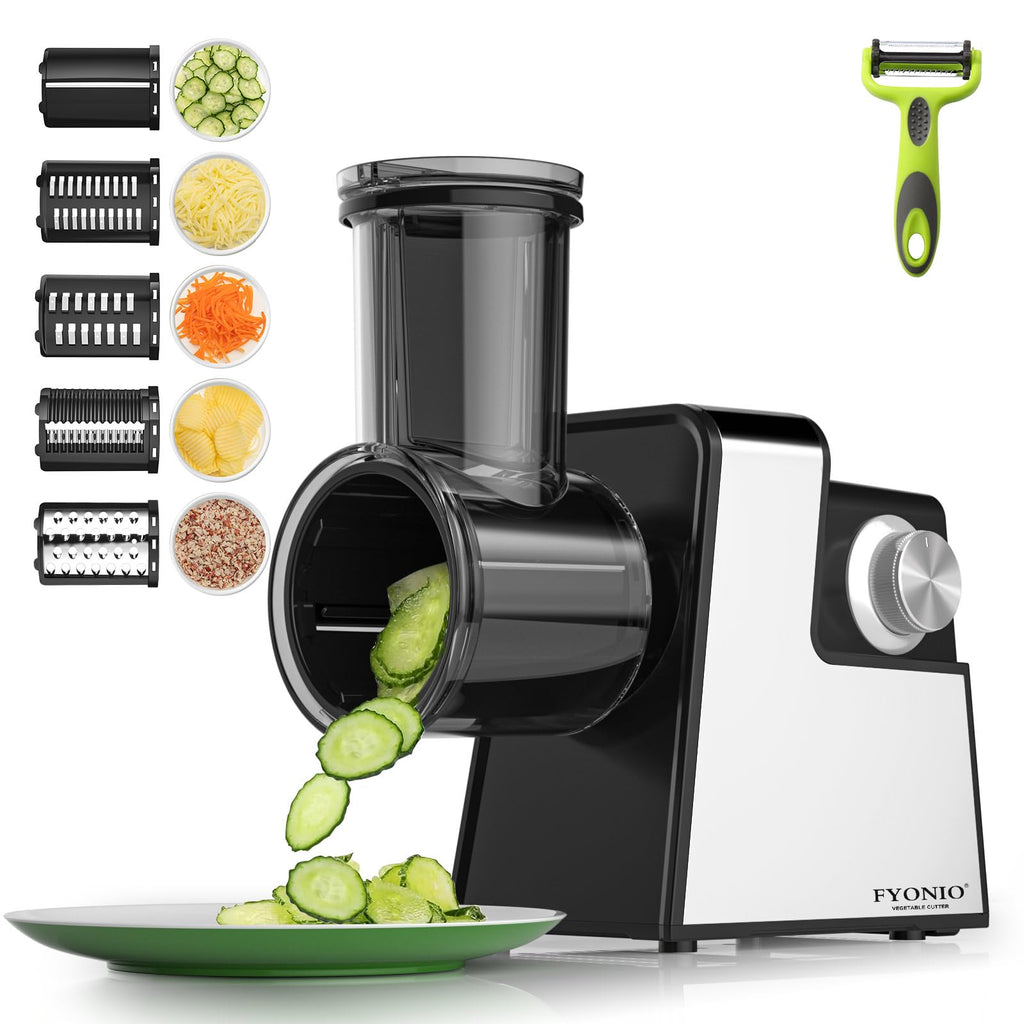FYONIO Electric Cheese Grater, 5 in 1 Salad Maker with Stainless Steel Blades, 250W Electric Food Slicer & Shredder, Electric Salad Machine for Cheeses, Fruits, Potatoes, Carrots