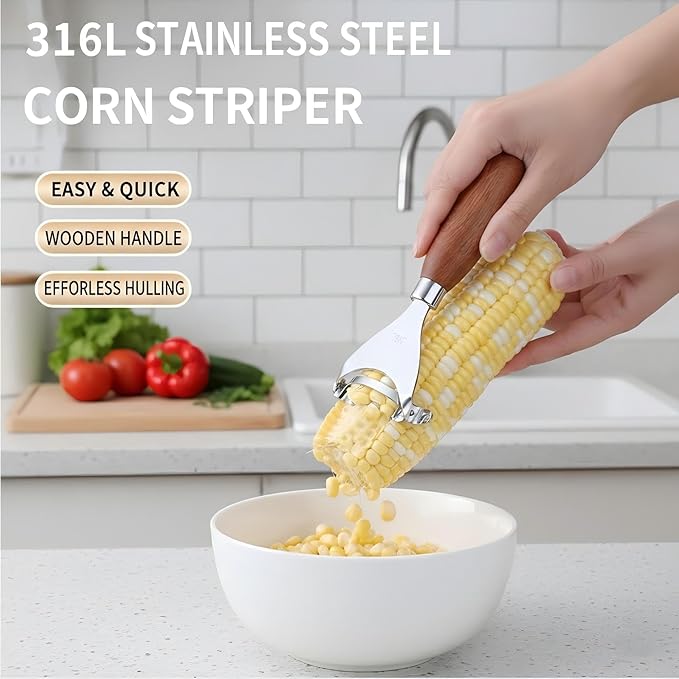 Phmnkl Corn Kernel Remover, 1-Second Stainless Steel Corn Stripper with Walnut Handle, Dishwasher Safe Kitchen Tool for Salad Salsa Popcorn, BBQ Prep Gadget, Farmhouse Kitchen Gift