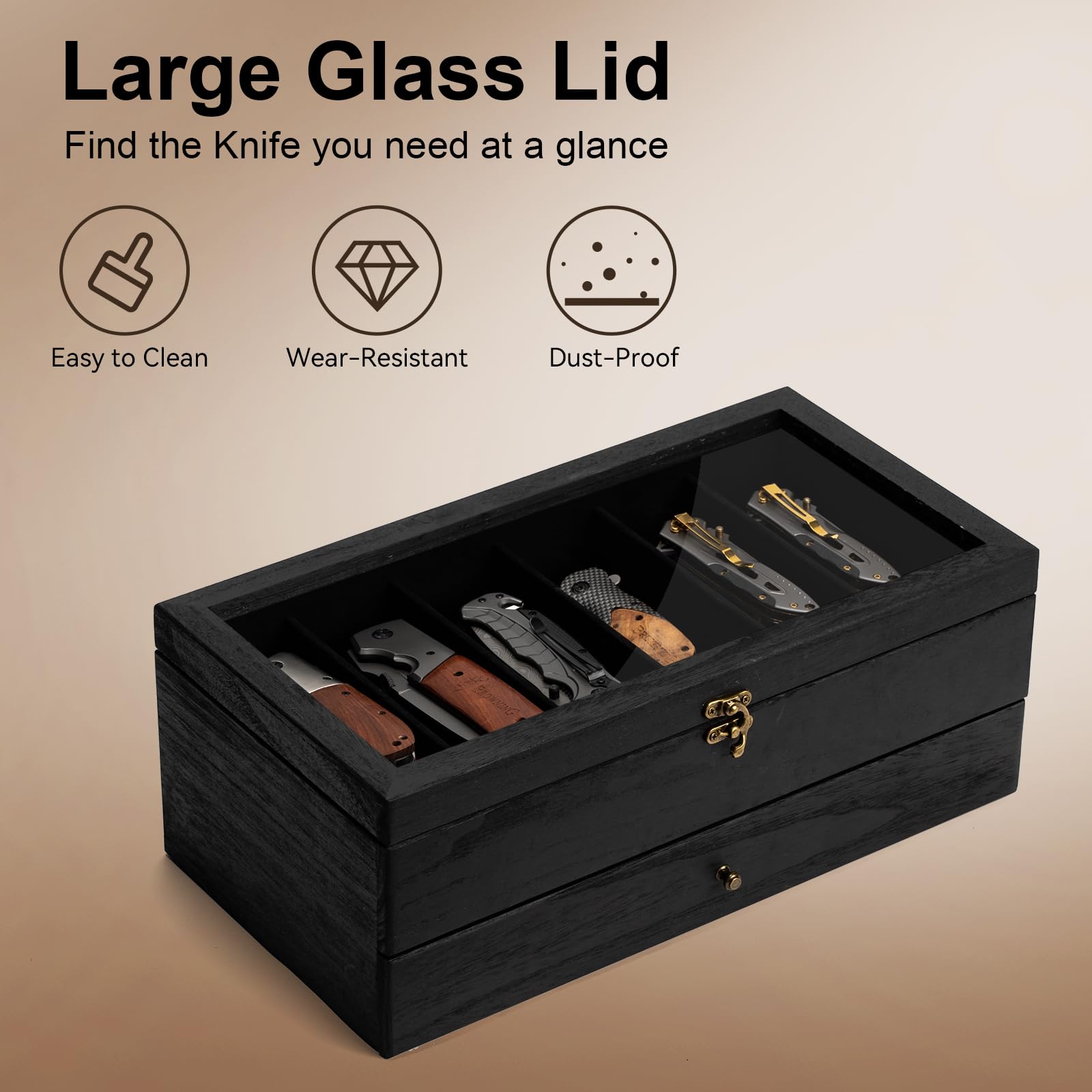 Yoimori 2-Layer Pocket Knife Case Display & Storage, Solid Wood Knife Case for Collections, Gift for Boyfriend, Fathers Day, Birthday Gifts (Black)