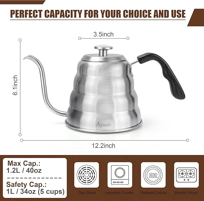 Tea Kettle For Stovetop,Silver,Gooseneck Coffee Pot with Thermometer,40oz