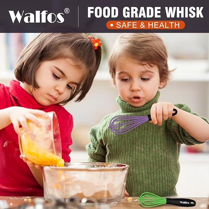 Walfos Whisk,5+7Inch Mini Whisks,Silicone Non Scratch whisk,Heat Resistant(480°F) Small whisks Suitable for stirring individual eggs and mixing small amounts of powder and sauce. Purple & Green