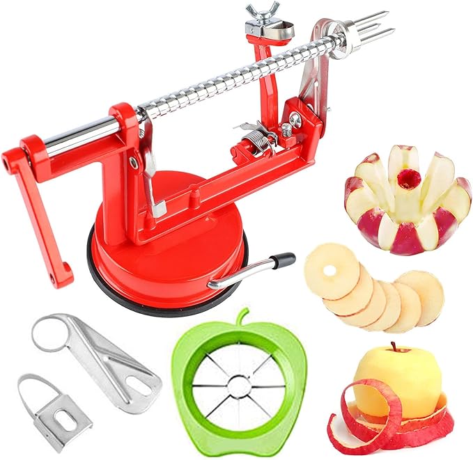 Apple Peeler Corer, Apple Peeler, 3 in 1 Peel Slice Remove Core, with Suction Base Suitable for Apples, Pears, Potatoes, Carrots (Red)