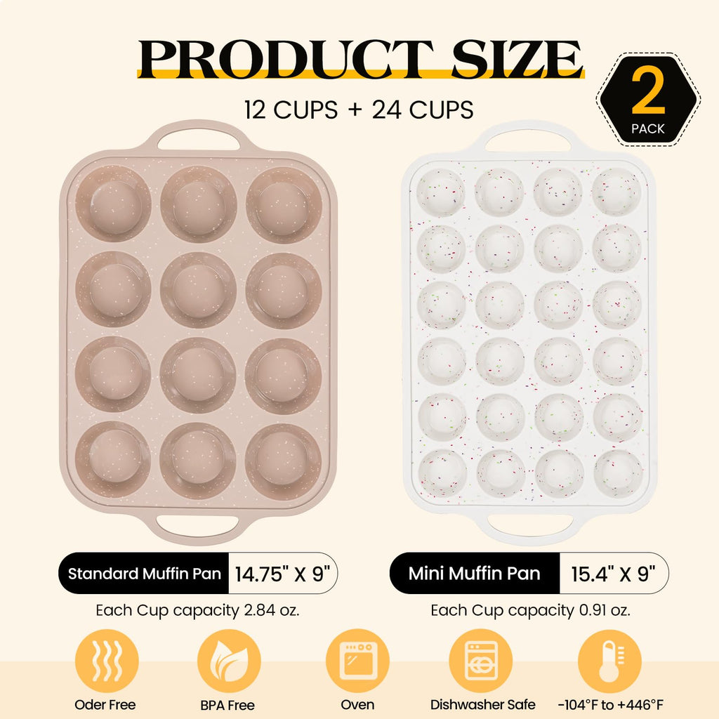 Vinino 2Packs Silicone Muffin Pans for Baking with Metal Reinforced Frame, 12 Cups Regular and 24 Cups Mini Nonstick Cupcake Pan, BPA Free Oven Dishwasher Safe Baking Mold for Muffins Cupcakes