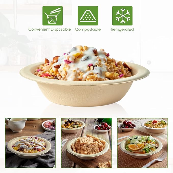 Vplus 200 Pack 16 OZ Compostable Paper Bowls, Bagasse Bowls，Nature