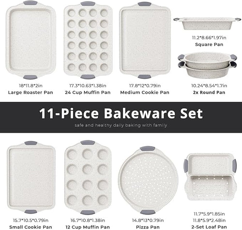 11-Piece Nonstick Bakeware Sets, Stackable Non Toxic Pan Sets, White&Gray