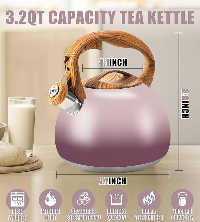 Foedo Tea Kettle for Stove Top, 3.2QT Whistling Tea Pots with Wood Parttern Handle, Stainless Steel Teapot for Home and Kitchen (Purple Gradient)