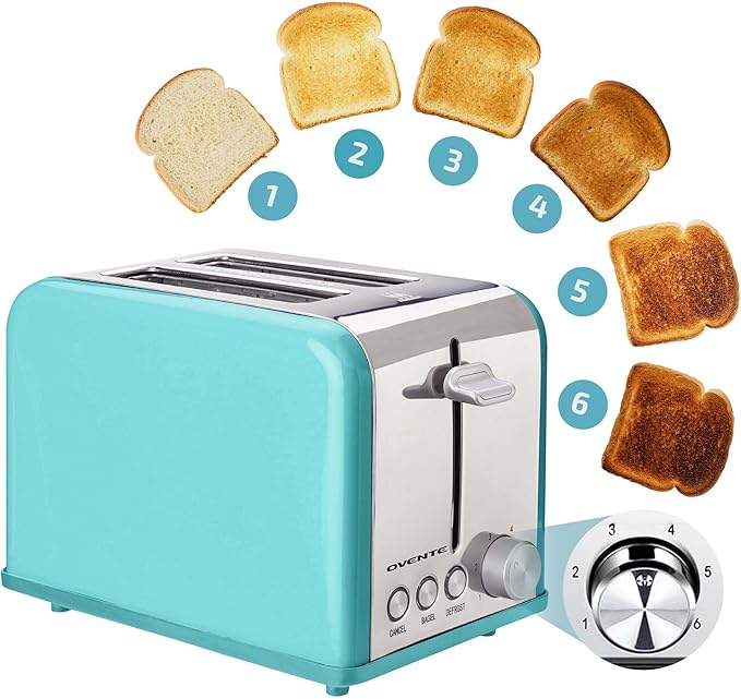 OVENTE 2-Slice Electric Toaster, 825W 6 Browning Setting, Turquoise TS2450T