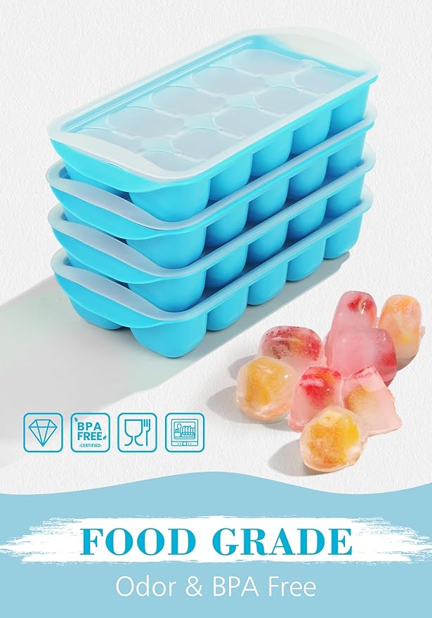 DOQAUS Ice Cube Tray with Lid and Bin, 4 Pack Ice Bucket Kits for RV