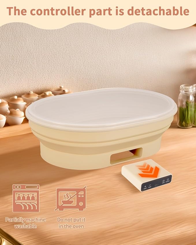 XPXKJ Heating Bread Proofing Basket Set Foldable Thermostatic Silicone Bowl with 77-122℉ 6 Gears Temperature & 6H Timer, Baking Sourdough Starter Bread Making Supplies Tools Kit (13.7×10.2×4.3'')