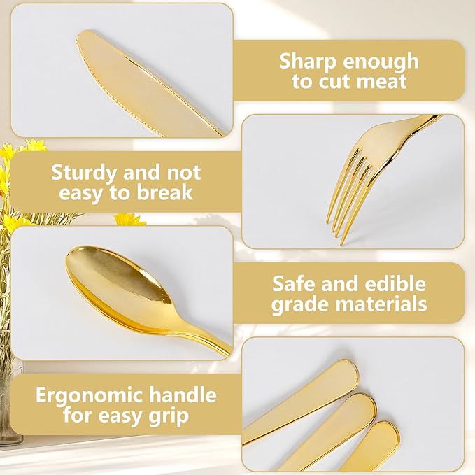 Joyido 150PCS Gold Plastic Silverware Set Heavy Duty for Weddings