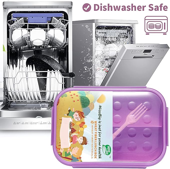 MISS BIG® Large Bento Lunch Box for Adults, 1900ml, 3 Compartments, Purple