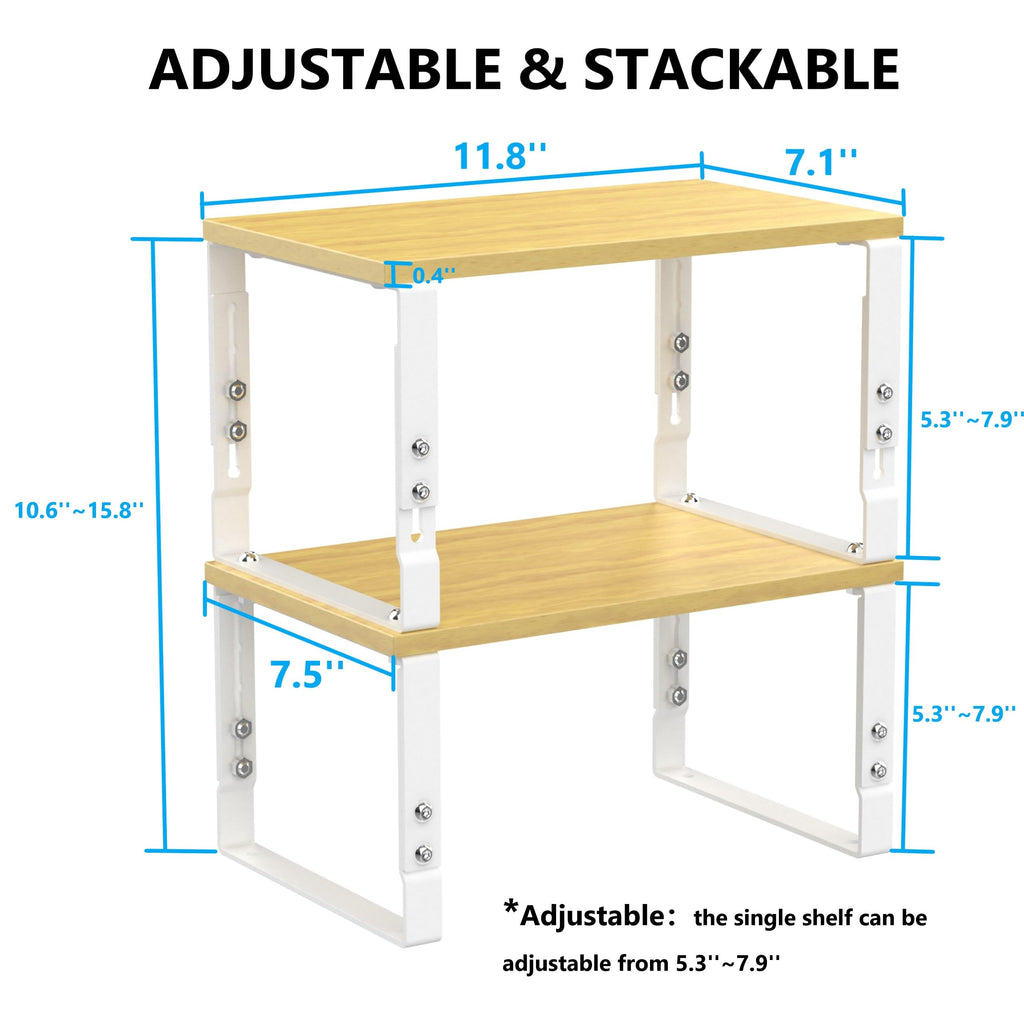 Wobmmi Kitchen Cabinet Organization Shelf，Set of 2 Height Adjustable Storage Racks，Stackable，Expandable，Countertop Shelves Organizer，Pantry Shelving（2PACKS/Medium/White