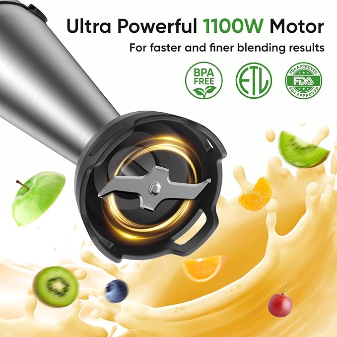 Immersion Blender Handheld 1100W 3 in 1 Corded Stick Hand Blenders for Kitchen with Trigger Speed Control, with Whisk, Milk Frother Attachments, Perfect Emulsifier for Soup, Smoothie, Puree
