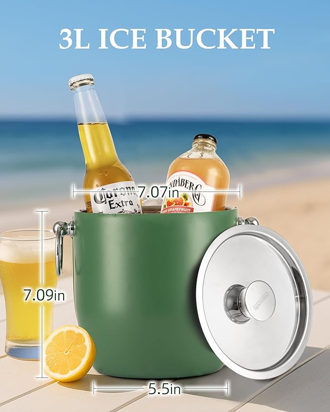Golden Cudgel Insulated Ice Bucket, 3L Double Wall Stainless Steel Ice Bucket with Tongs,Lid, Scoop and Strainer, Ice Buckets for Parties,Cocktail Bars, Chilling Beer, Champagne, Wine Bottles，Green