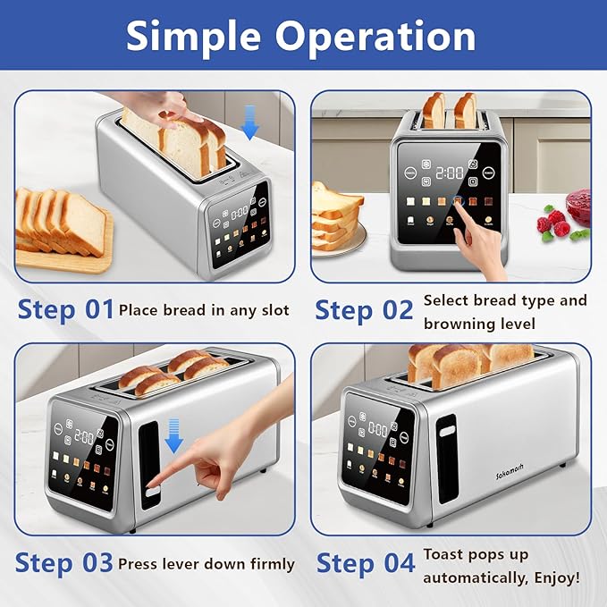 SAKAMOSH 4 Slice Long Slot Touch Screen Toaster, Stainless Steel