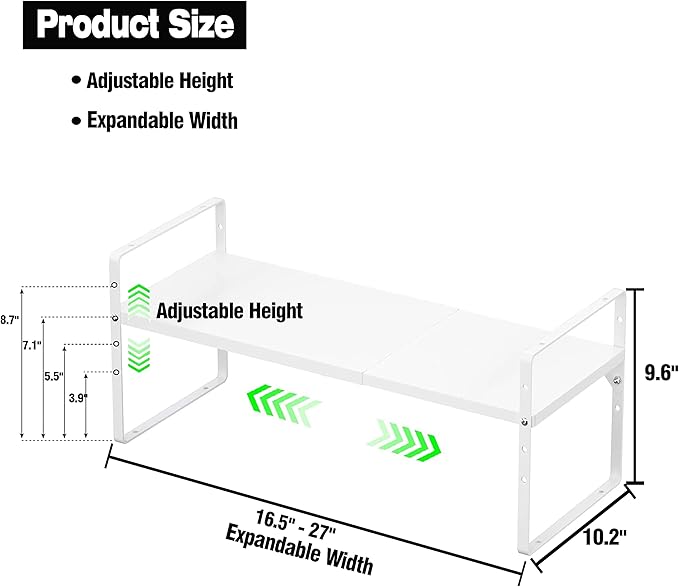 LOCVCDA Expandable Kitchen Cabinet Storage Shelf, Stackable Metal Pantry Storage Shelves Organizer, Adjustable Height Counter Spice Rack for Kitchen Cabinet, Countertop, Pantry and Office