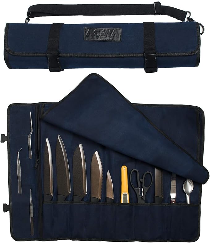 Asaya Waxed Canvas Chef Knife Roll Bag with 10 Slots and a Zipper Pocket - Professional Chef Knife Bag & Storage Case, with Shoulder Strap - Knives Not Included (Blue)