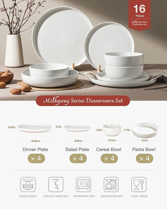 Famiware Milkyway 16-Piece Stoneware Plates and Bowls, White
