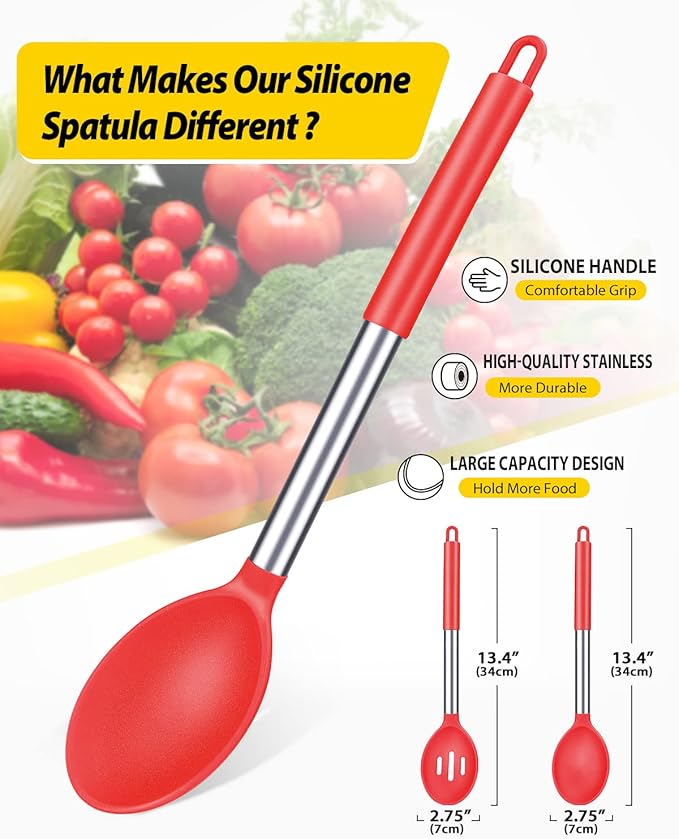 BUNDLEPRO Silicone Cooking Spoons for Non Stick Cookware, 2 Pack, RED