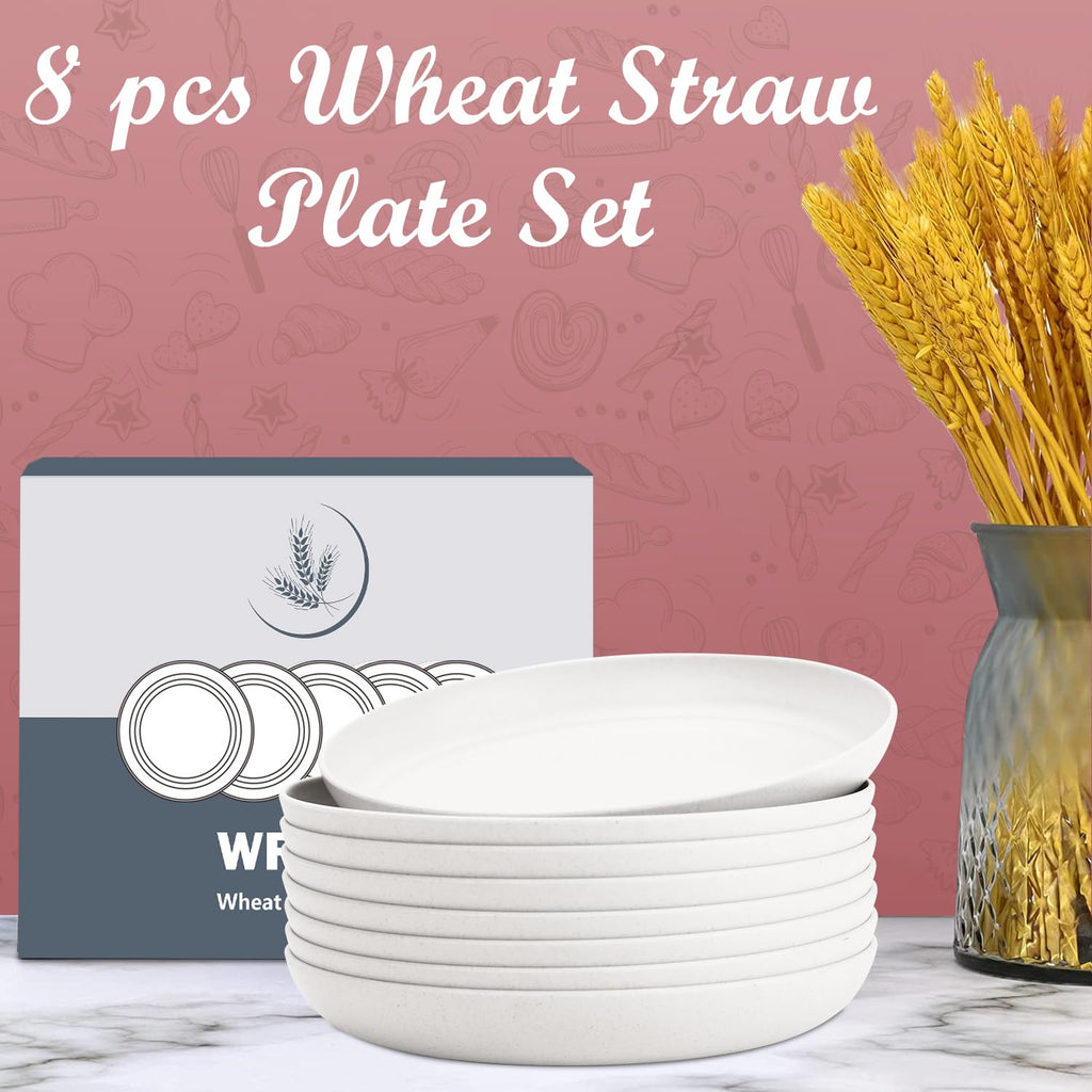Wrova Wheat Straw Plates - 10 Inch Unbreakable Dinner Plates Set of 8 - Dishwasher & Microwave Safe Plastic Plates Reusable for kitchen and camping (White)