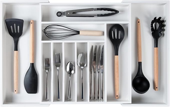 KitchenEdge Silverware & Utensil Drawer Organizer, 16-28 in, White Bamboo