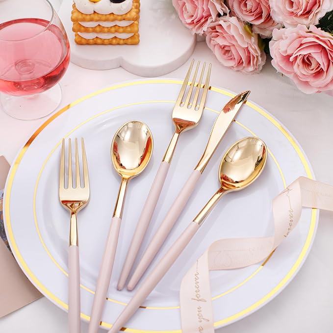 I00000 60 Pcs Pink Plastic Silverware, Fancy Gold Utensils with Pink Handle