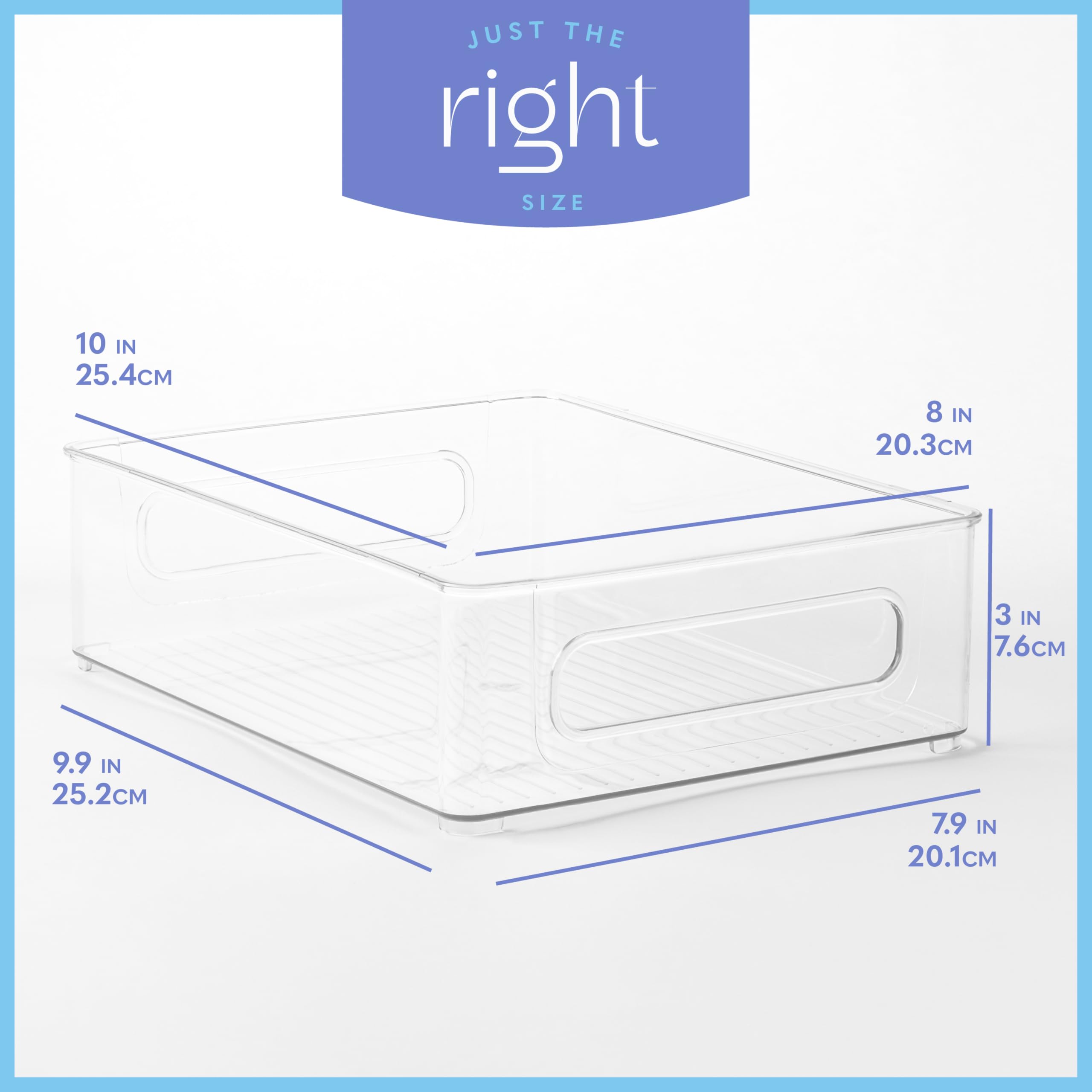 Plastic Food Storage 6 Pack Clear Container Bin with Handles for Organizing Kitchen, Pantry, Refrigerator, Freezer, Pantry, Cabinet, Closet, Bathroom. Stackable 10”x8”x3”